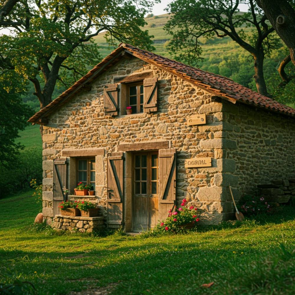 casa "Casa Rural en un encantador cottage de piedra rodeado de un valle verde y árboles de roble, ideal para un retiro sostenible y rural."