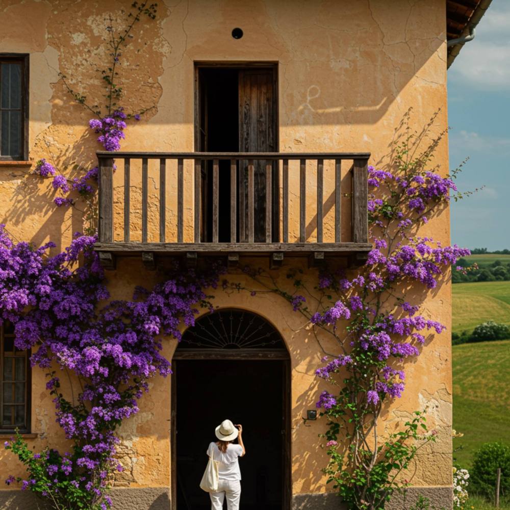 ventana "Fachada de casa de campo rústica con paredes de piedra cálida, balcón de madera y enredaderas con flores moradas, en un entorno de colinas."