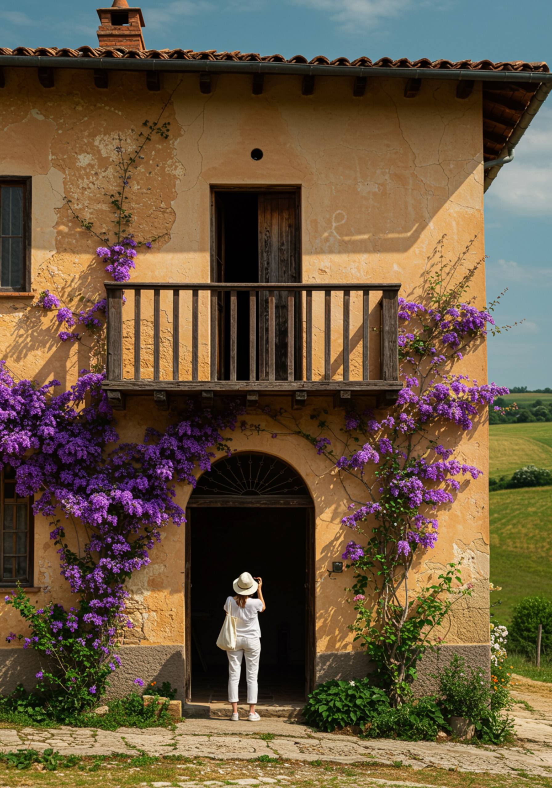 ventana "Fachada de casa de campo rústica con paredes de piedra cálida, balcón de madera y enredaderas con flores moradas, en un entorno de colinas."