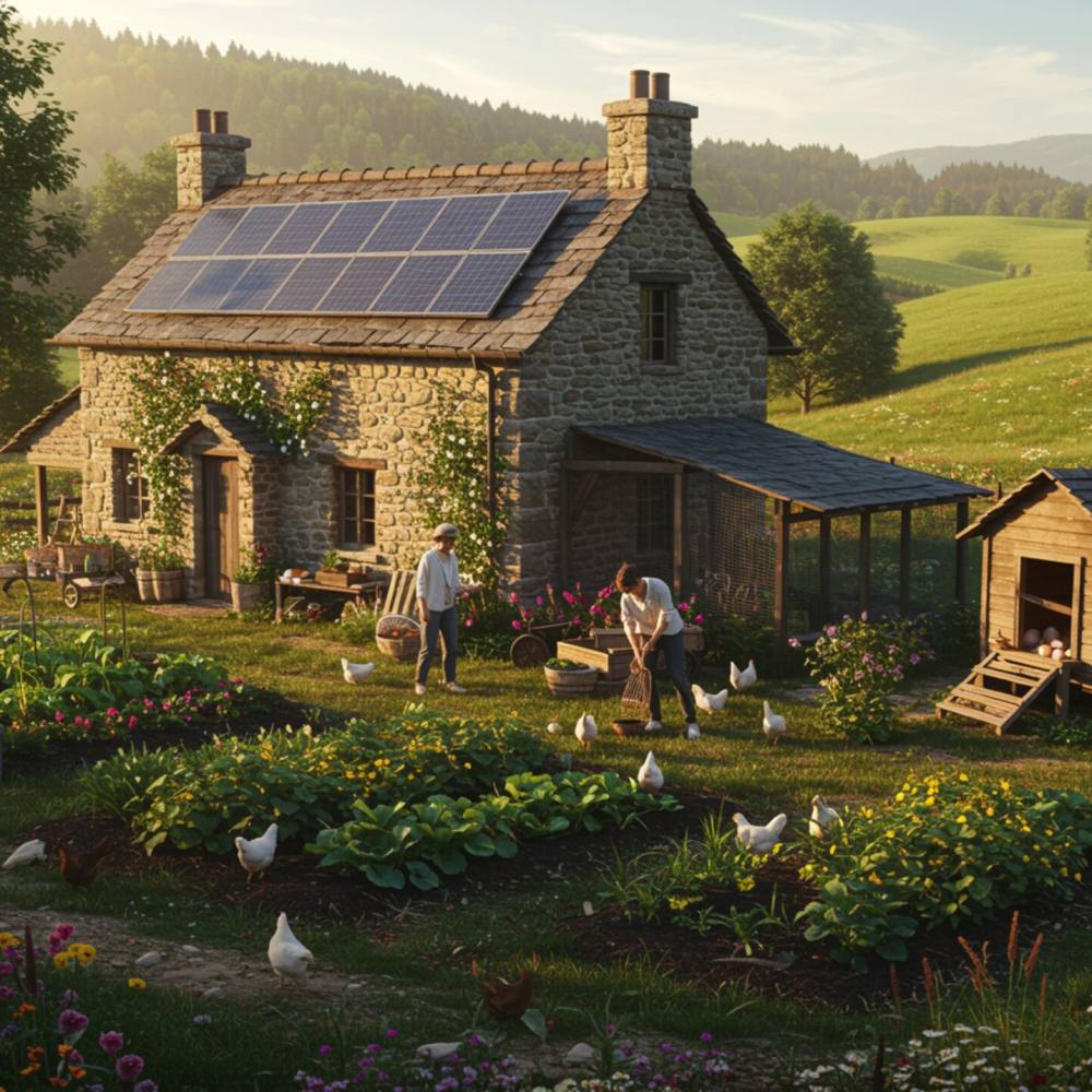 Sostenibilidad "Granja rural sostenible con casa de piedra, paneles solares y huerto orgánico, donde huéspedes recogen huevos frescos en un entorno natural idílico."